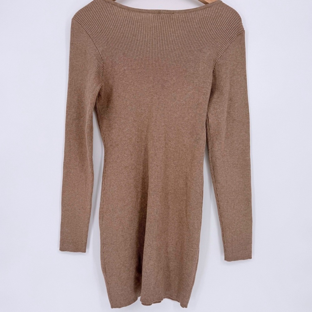 AGB Ribbed Long Sleeve Sweater Dress with Faux Leather Pockets Tan Size L - Picture 6 of 10